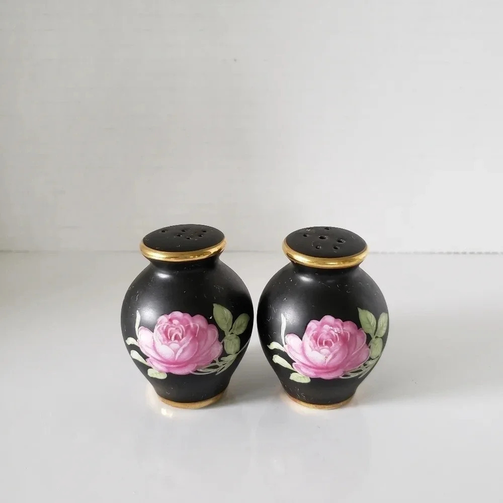Vintage set of 2 Porcelain Mini Black/Pink Floral Salt/Pepper Shakers.